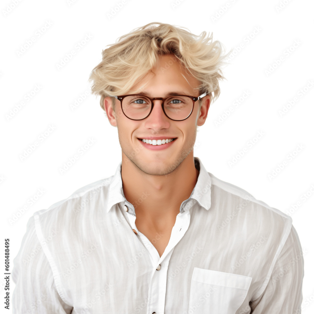Portrait of a handsome, young blond man wearing eyeglasses and shirt. Isolated on transparent background. No background.