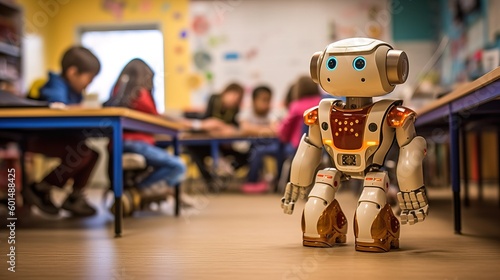 Wallpaper Mural Friendly Humanoid Robot in Vibrant Children's Classroom - Generative AI Torontodigital.ca