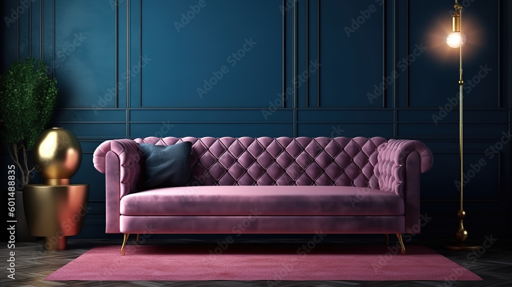Fototapeta premium Modern dark blue living room interior with pink color couch and golden decor. Generative Ai