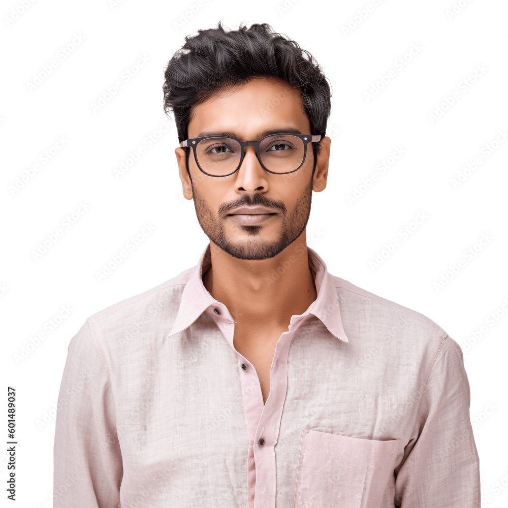 Portrait of a handsome, young indian man wearing eyeglasses and shirt. Isolated on transparent background. No background.