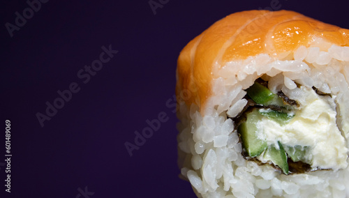 Wallpaper Mural Sushi with Salmon on a Purple Background Closeup. Traditional Japanese Sushi. Closeup Fresh Sushi. Japanese food. Sushi Nigiri Consisting of Rice, Salmon Fillet. Torontodigital.ca