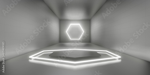 Technology floor and wall The background of the product base in the room with hexagon laser light 3D illustration