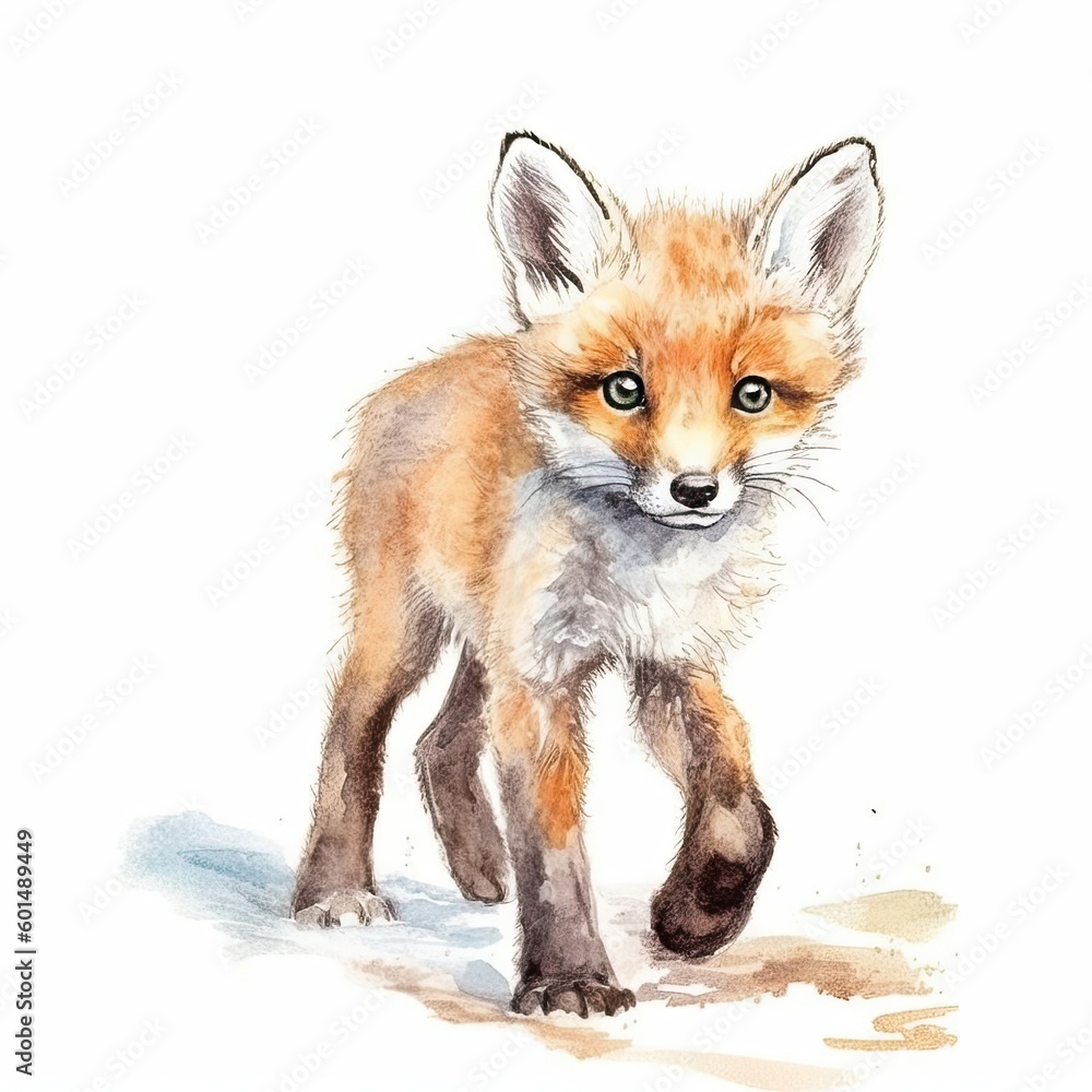 Baby Fox watercolor with ink outline on white background, high detailed (generative AI)