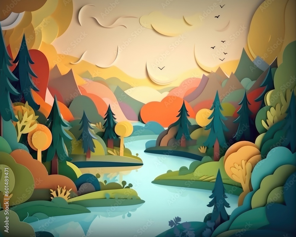 A paper-cut style fantasy landscape of trees, lake and mountains illustrated in 3D. (Generative AI)