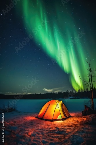camping in the north with northern lights, AI Generated