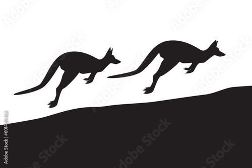 Line art vector of two kangaroo jump over the hill drawing in black and white