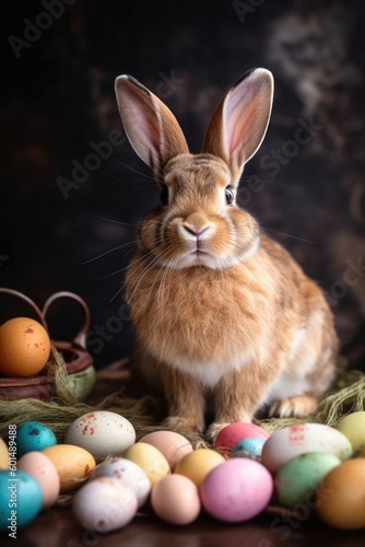 The Easter bunny has many colorful eggs and is happy.  Generative AI 