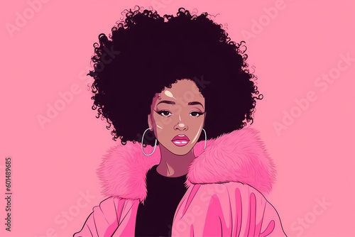 Beautiful Afro American black girl in pink long hoodie.