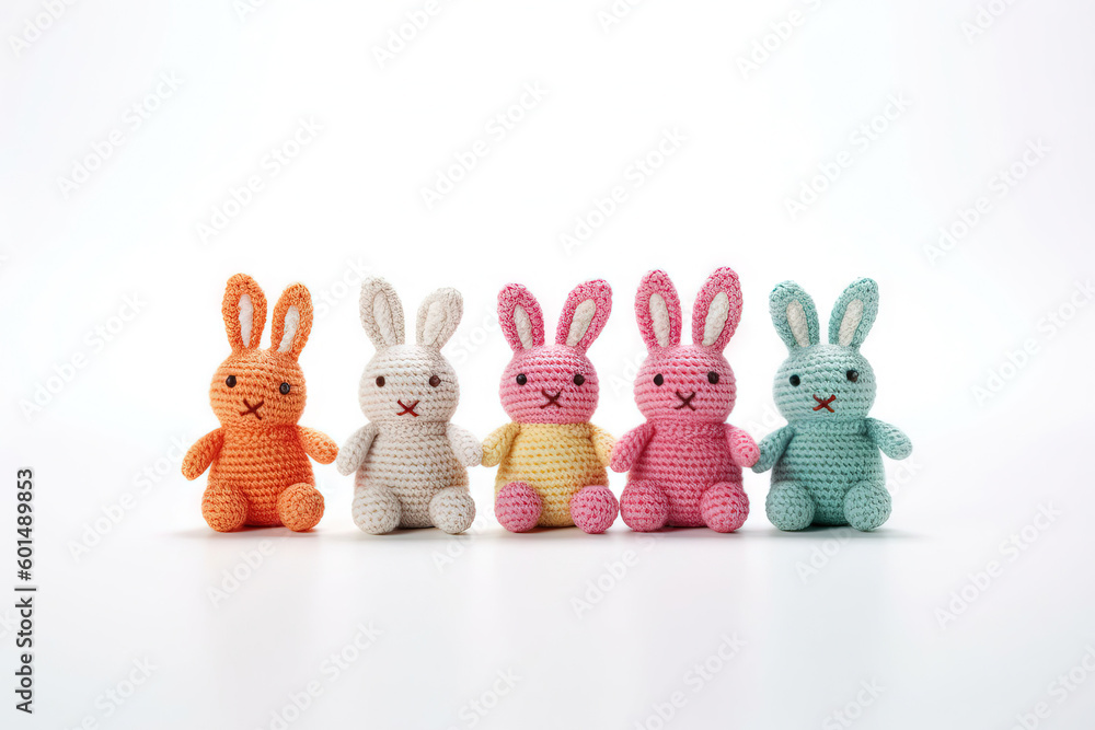 five crochet bunnies with a white studio background