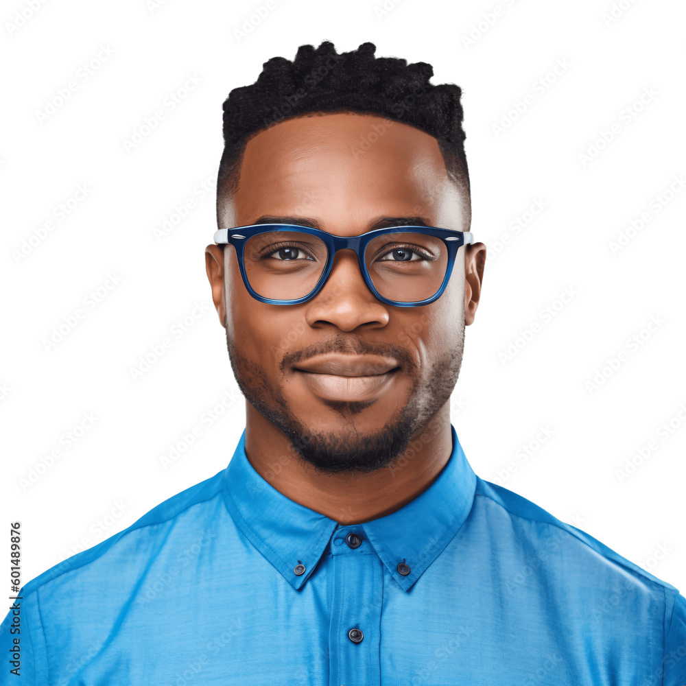 Portrait of a handsome, young african american man wearing eyeglasses and blue shirt. Isolated on transparent background. No background.