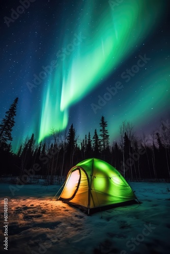 camping in the north with northern lights, AI Generated