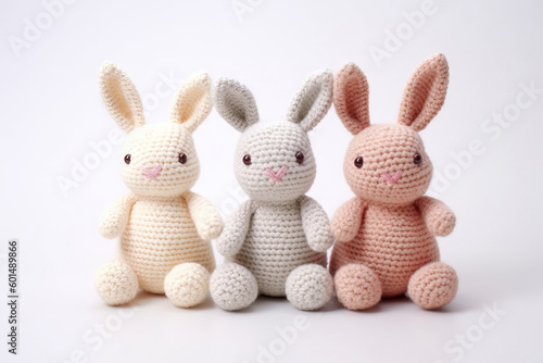 three cute crochet bunnies together with a white studio background