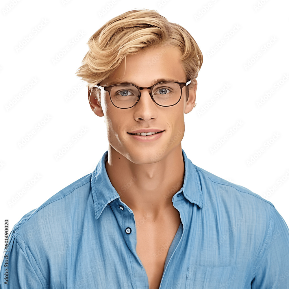 Portrait of a handsome, young blond man wearing eyeglasses and blue shirt. Isolated on transparent background. No background.