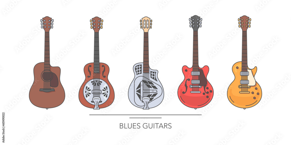 Blues guitar set. Outline colorful guitars on white background. Vector illustration. - obrazy, fototapety, plakaty 