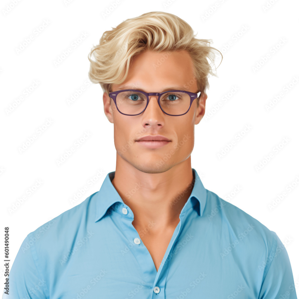 Portrait of a handsome, young blond man wearing eyeglasses and blue shirt. Isolated on transparent background. No background. Portrait of a handsome, young blond man wearing eyeglasses and blue shirt. Isolated on transparent background. No background.