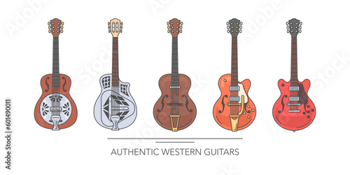Vintage retro guitar set. Outline colorful guitars on white background. Vector illustration.