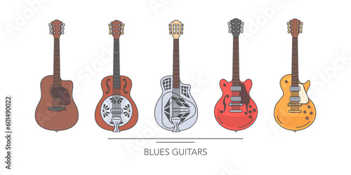 Blues guitar set. Outline colorful guitars on white background. Vector illustration. photo