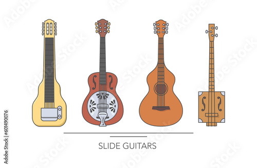 Lap steel slide guitar set. Outline colorful guitars on white background. Vector illustration.