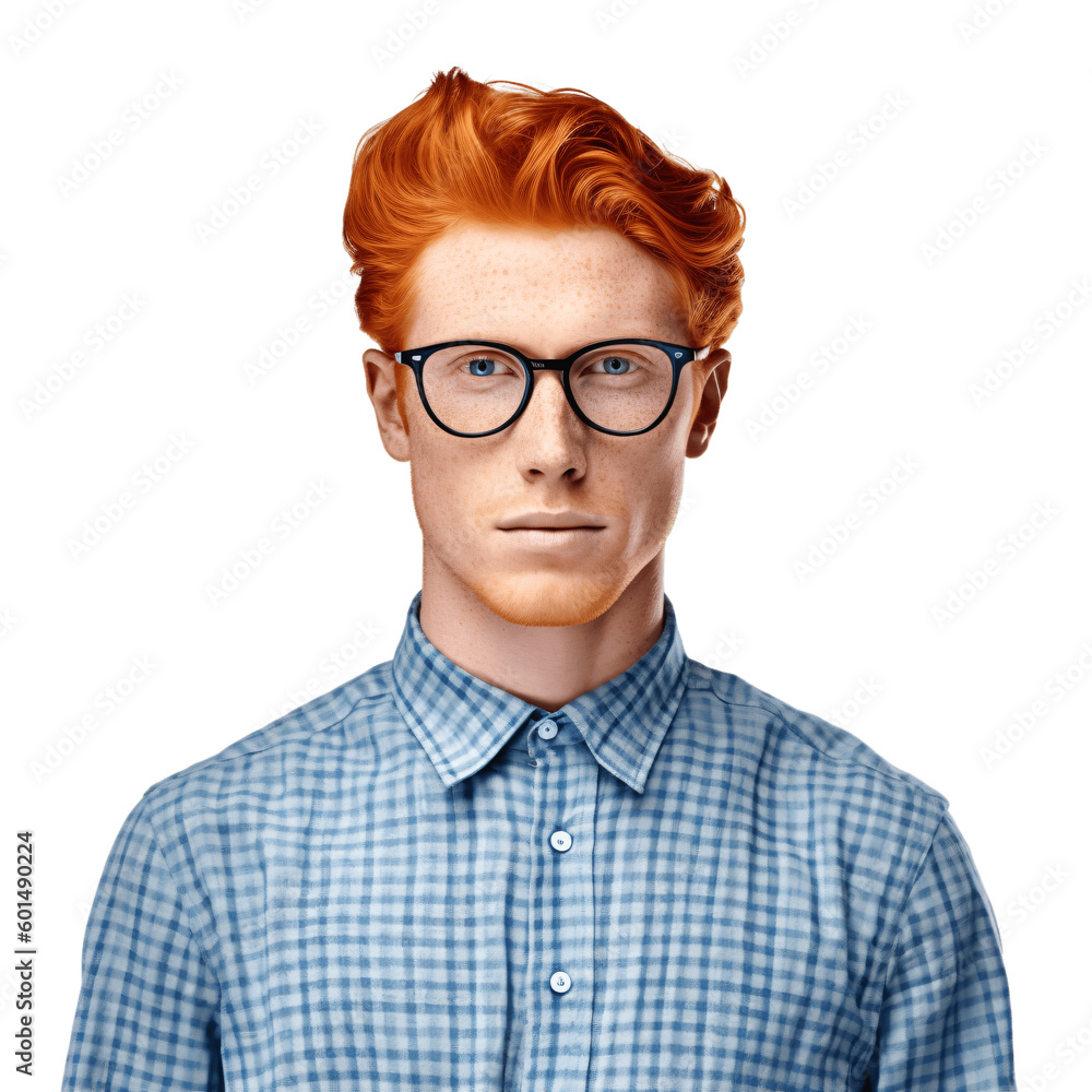 portrait of a handsome, young red- haired man wearing eyeglasses and blue shirt. isolated on transparent background. no background. portrait of a handsome, young red- haired man wearing eyeglasses and blue shirt. isolated on transparent background. no background.