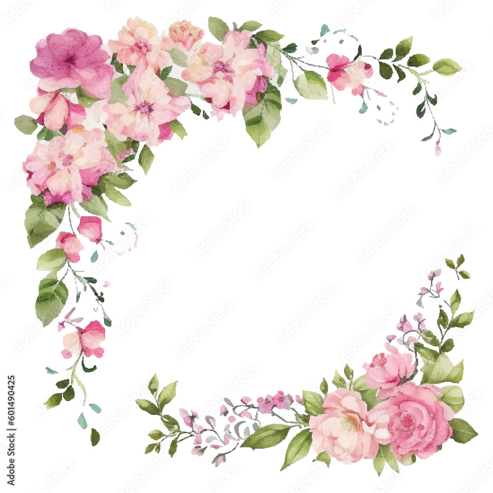Watercolor pink flowers border. Vector vintage style. isoleted and editable.