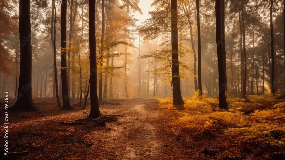 Panoramic view of a misty autumn morning in the forrest. Autumnal background. Beautiful digital illustration. Generative AI. 