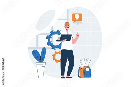 Construction engineer web concept with character scene. Man generates ideas and creating building blueprint. People situation in flat design. Vector illustration for social media marketing material.