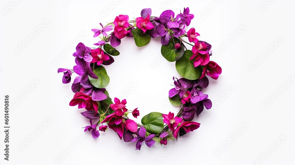 Wreath made of striking fuchsia and purple flowers. Floral wreath. Charming background. Card, celebration, wedding, celebration, decoration, copy space. Generative AI composite.  - obrazy, fototapety, plakaty 