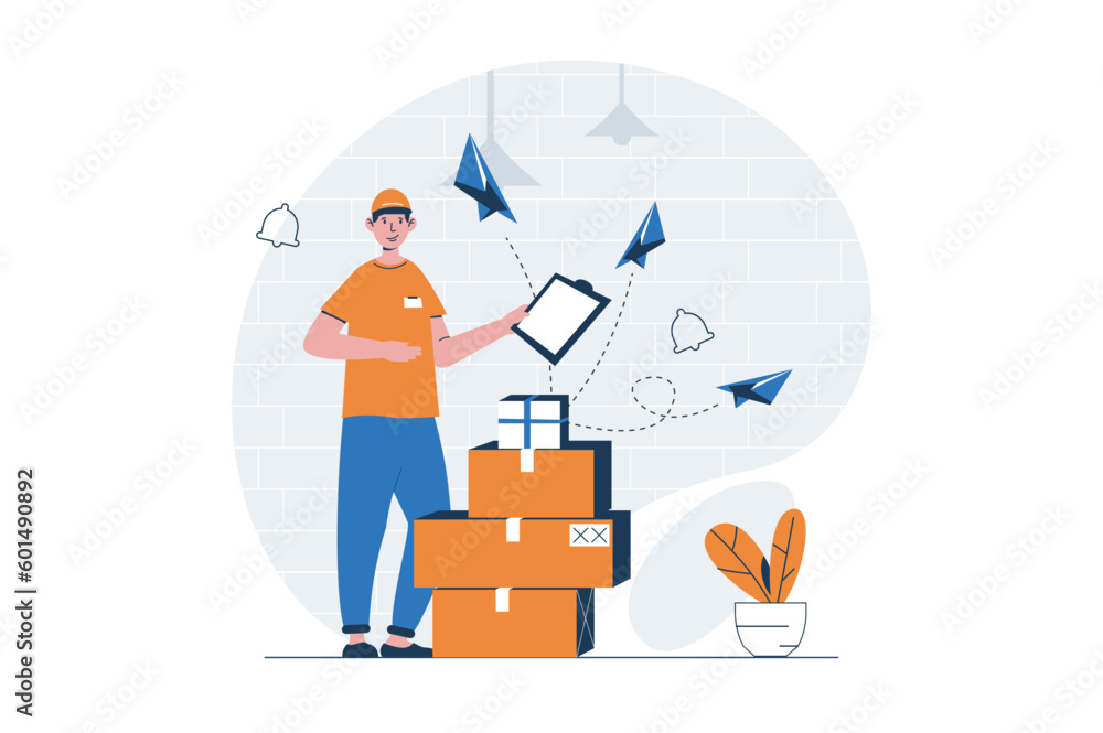 Delivery service web concept with character scene. Man delivering cardboards boxes, sending parcels to client. People situation in flat design. Vector illustration for social media marketing material.