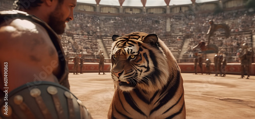 Tiger against gladiator in the Colosseum.