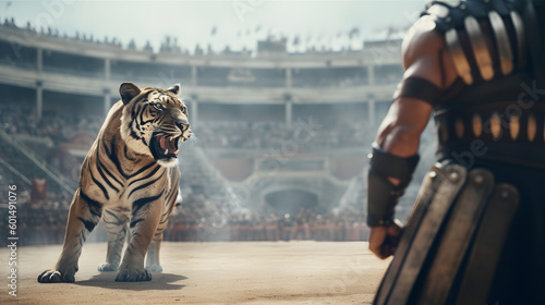 Fényképezés Tiger against gladiator in the Colosseum.