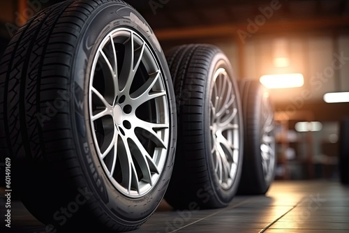 4 new tires that change tires in the auto repair service center, blurred background, the background is a new car in the stock, Generative AI Technology © Sasint