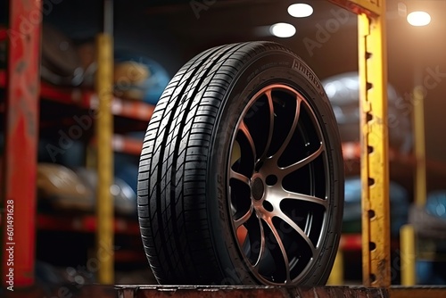 A new tire is placed on the tire storage rack in the car service, Generative AI Technology © Sasint
