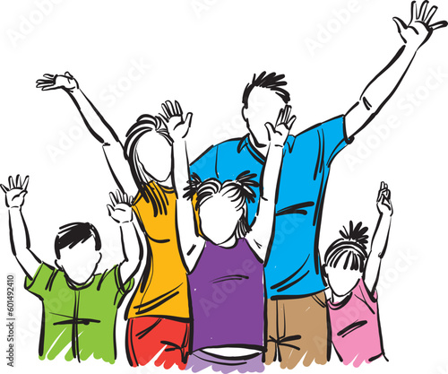 happy family raising hands celebration mother father son daughter together vector illustration
