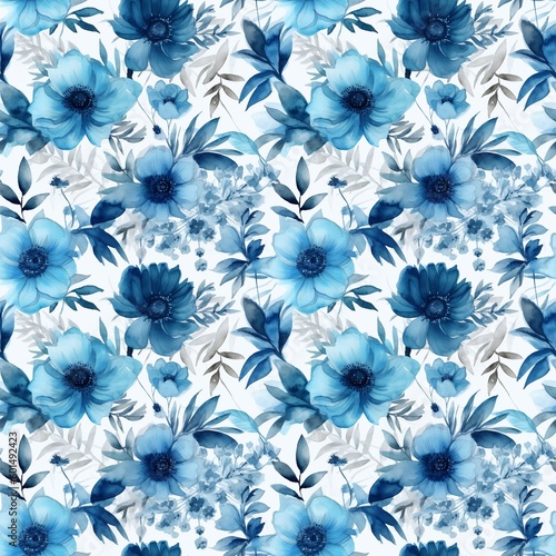 watercolor seamless texture pattern of blue flowers and leaves on a white background. Generated AI