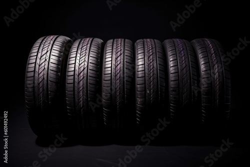 Studio shot of a set of summer  fuel efficient car tires on black background. Contrasty lighting and shallow  Generative AI Technology