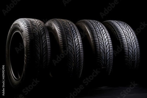Studio shot of a set of summer, fuel efficient car tires on black background. Contrasty lighting and shallow, Generative AI Technology © Sasint