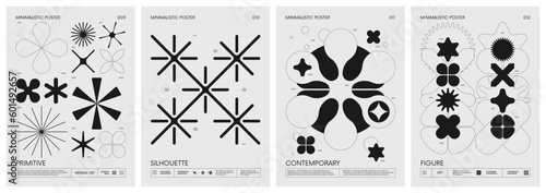 Retro futuristic vector minimalistic Posters with silhouette basic figures, extraordinary graphic elements of geometrical shapes composition, Modern monochrome print brutalism, set 3