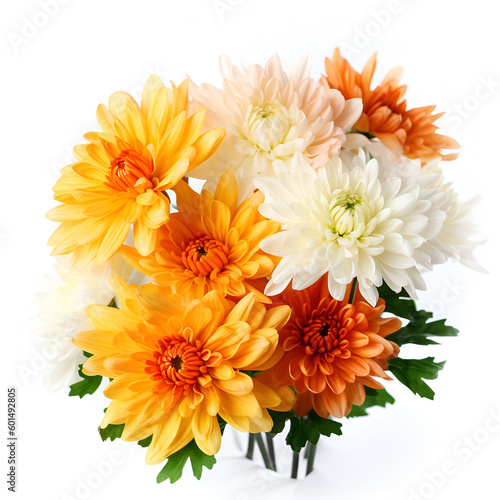 Bouquet of chrysanthemum flower plant with leaves isolated on white background. 3D rendering. Flat lay  top view. macro closeup