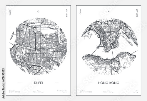 Travel poster, urban street plan city map Taipei and Hong Kong, vector illustration