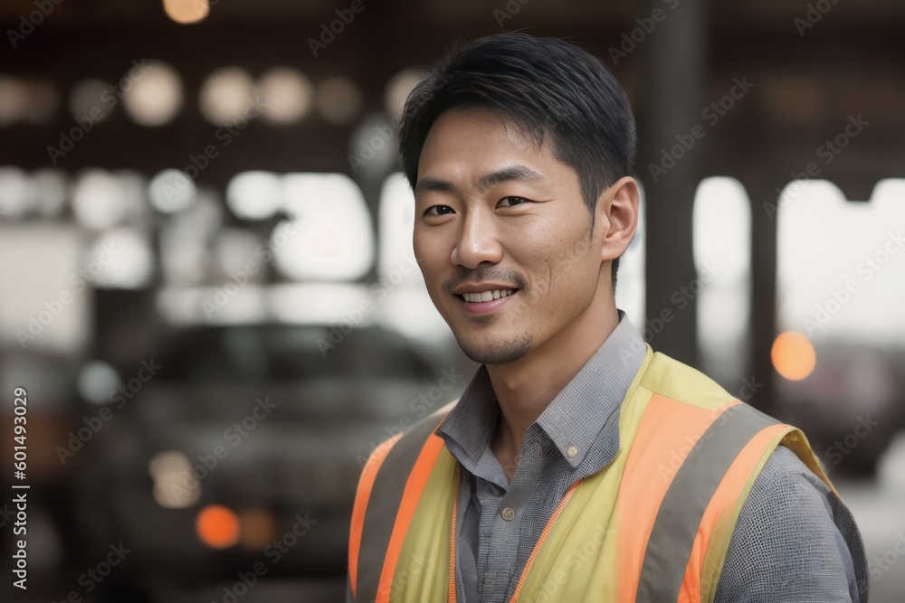 Portrait of the smiling an Chinese (Korean) male factory worker in an orange vest and industry background. Generative AI