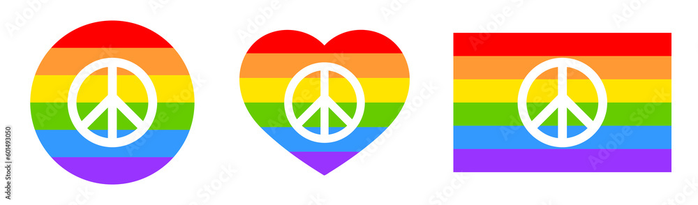 Happy pride month. Set of rainbow icons with peace sign. Love is love, rainbow flag, lgbt pride. Heart-shaped and round logos. Human rights and tolerance Happy pride month. Set of rainbow icons with peace sign. Love is love, rainbow flag, lgbt pride. Heart-shaped and round logos. Human rights and tolerance