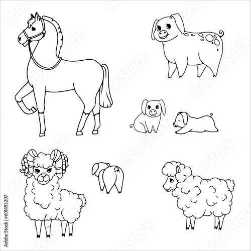 Donkey  Horse  Llama or Alpaca  Sheep  Cow  Goat and Pig. Set of animals. Farm animals. Cattle breeding Vector illustration isolated on white background.