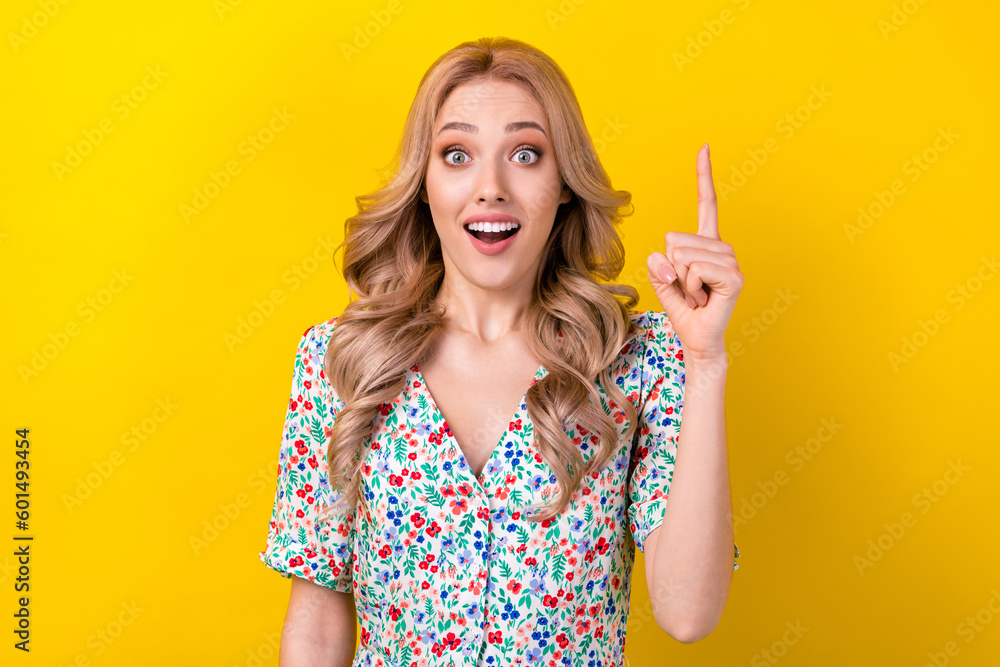 Portrait of pretty lovely lady wear trendy clothes showing hand rejoice find answer scientific research isolated on yellow color background Portrait of pretty lovely lady wear trendy clothes showing hand rejoice find answer scientific research isolated on yellow color background