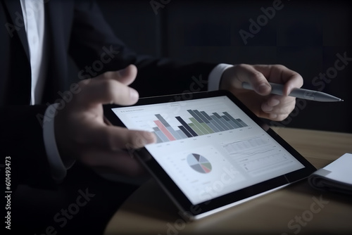 Businessman using tablet analyzing sales data and economic growth graph chart. Business strategy. Digital marketing