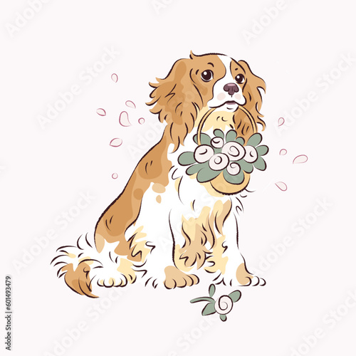 Hand drawn vector illustration of cute cartoon dog with basket of flowers isolated on background photo