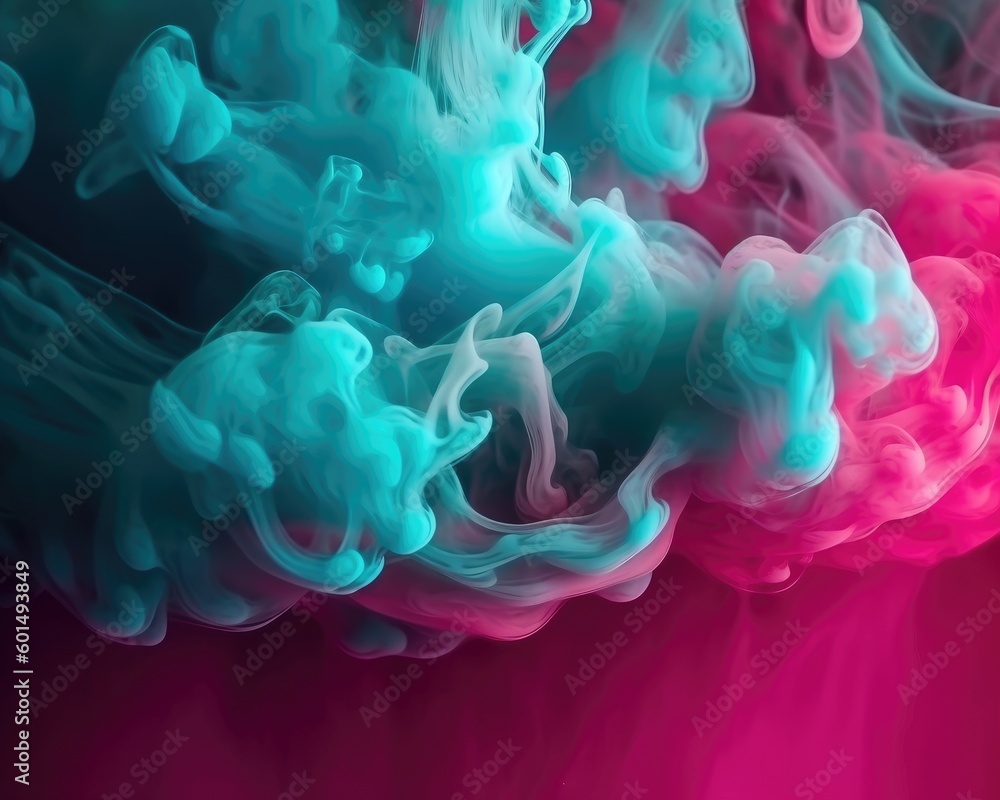 Fototapeta premium A wallpaper with glowing pastel teal and pink smoke on a hazy abstract background. (Generative AI)