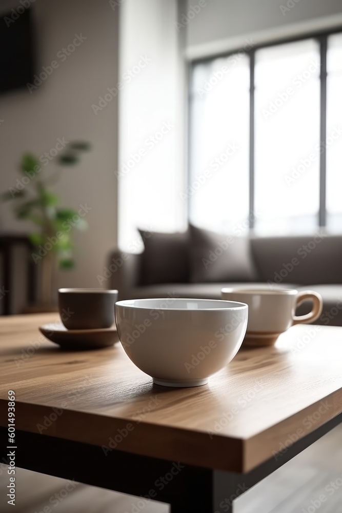A white coffee cup on a wooden table top with living room background provides copy space for home concept. (Generative AI)