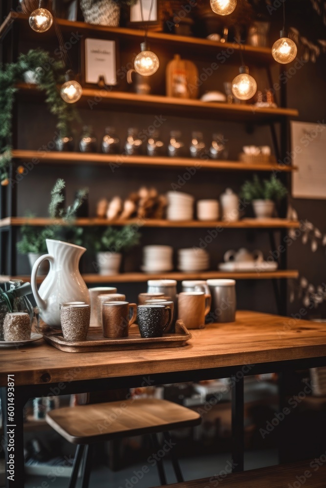 A stunning coffee shop photograph featuring a cozy setup and bokeh effect perfect for cafe/restaurant decor. (Generative AI)