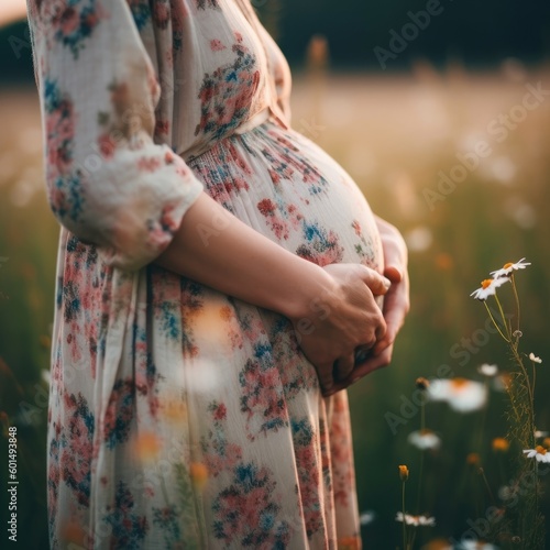 A pregnant woman standing in a summer field surrounded by nature, touching her belly, with the concept of new life and family. (Generative AI)