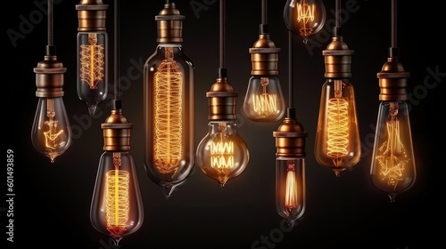 A set of vintage light bulbs in different shapes and styles for decorating cafes, restaurants, or loft interiors. (Generative AI)